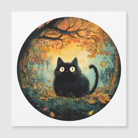 秋の葉が魔法に満ちた秋の黒猫を優しく包み込む マグネット招待状 (正面)