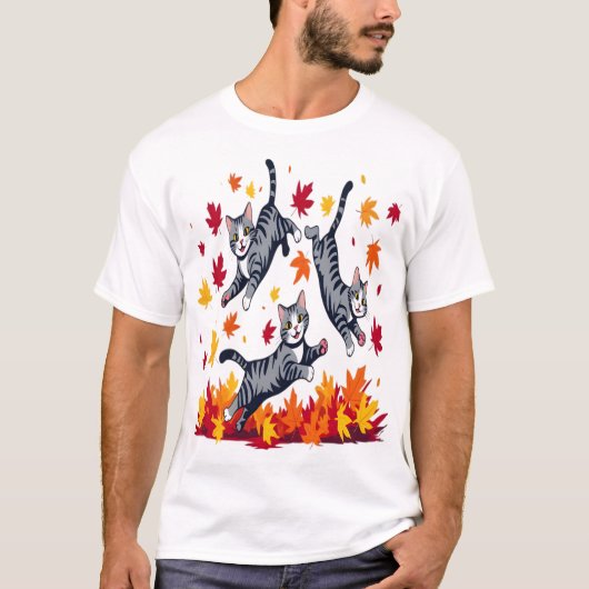 秋の葉で遊ぶ猫たち Tシャツ (正面)