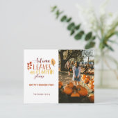 秋の葉とカボチャをお願いします 感謝祭の写真 シーズンポストカード (スタンド正面)