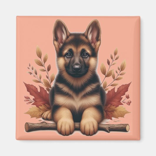秋の葉とジャーマンシェパードの子犬 マグネット (正面)