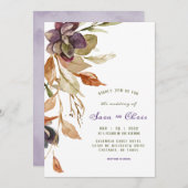 秋の葉と多肉性 |紫色の水彩 招待状 (正面/裏面)