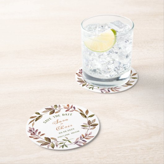 秋の葉と水分の多い水彩日付を保存 ラウンドペーパーコースター (インサイチュ)