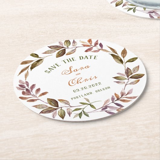 秋の葉と水分の多い水彩日付を保存 ラウンドペーパーコースター (アングル)