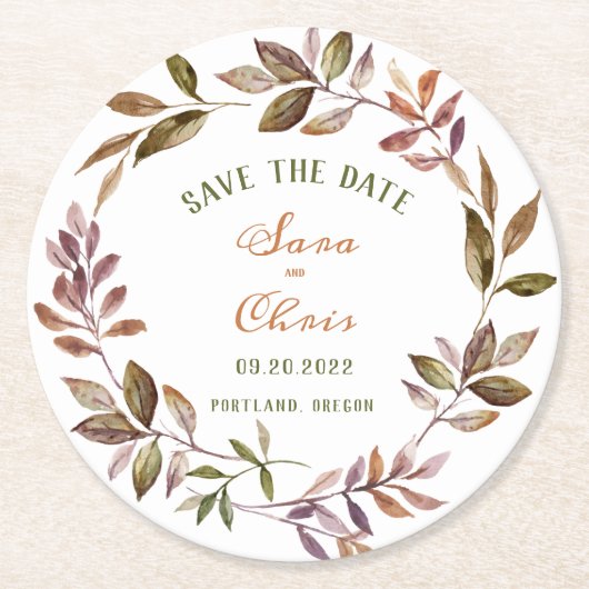 秋の葉と水分の多い水彩日付を保存 ラウンドペーパーコースター (正面)