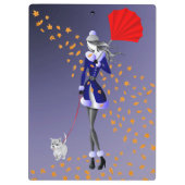 秋の葉と犬の散歩 青 クリップボード (裏面)