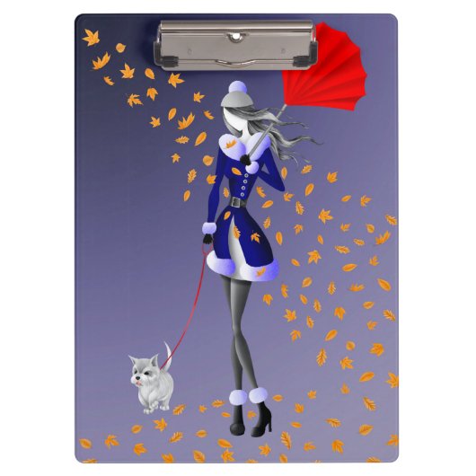 秋の葉と犬の散歩 青 クリップボード (正面)