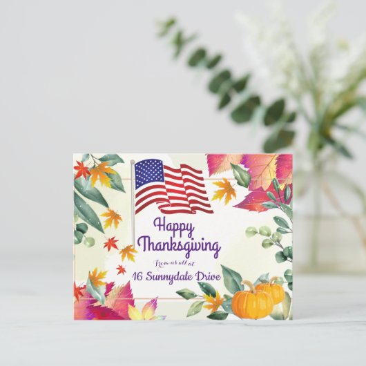 秋の葉と米国国旗のキリスト教の感謝祭 シーズンポストカード (スタンド正面)