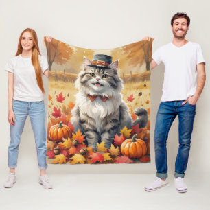 秋の葉に囲まれたペルシャ猫の感謝祭アート フリースブランケット