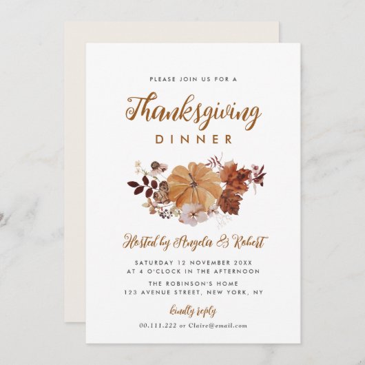 秋の葉の感謝祭ディナー 招待状 (正面/裏面)