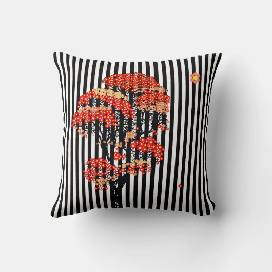 秋の葉の木の黒と白の垂直ストライプ クッション (裏面)