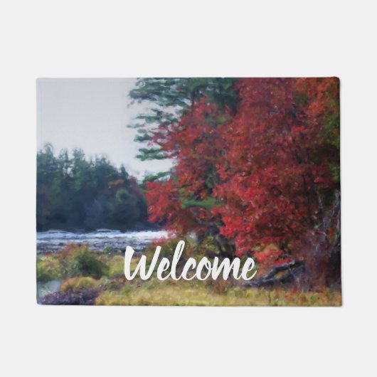秋の葉の池絵画の自然へようこそ ドアマット (正面)