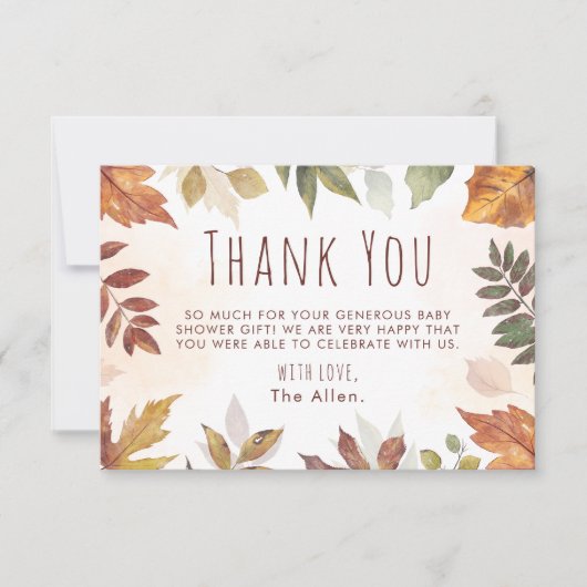 秋の葉の秋ありがとう赤ちゃんシャワー サンキューカード (正面)