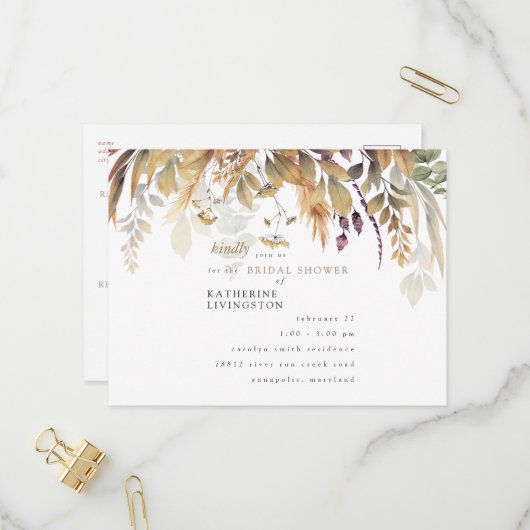 秋の葉の素朴ブライダルシャワー招待 インビテーションポストカード (正面/裏面インサイチュ)