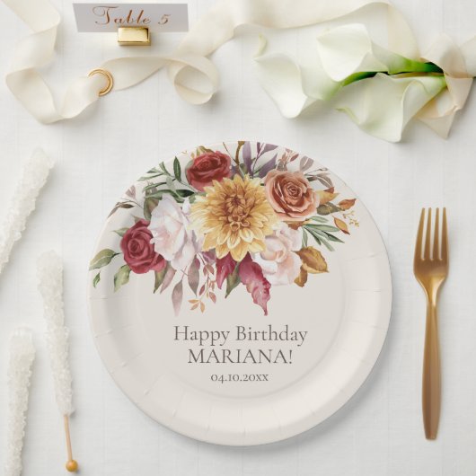 秋の葉の花アイボリー誕生日パーティー ペーパープレート (ウェディング)