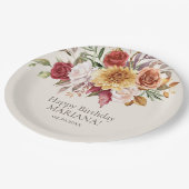 秋の葉の花アイボリー誕生日パーティー ペーパープレート (アングル)