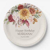 秋の葉の花アイボリー誕生日パーティー ペーパープレート (正面)