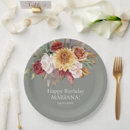 秋の葉の花セージ緑の誕生日パーティー ペーパープレート