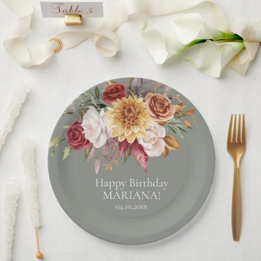 秋の葉の花セージ緑の誕生日パーティー ペーパープレート (ウェディング)