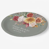 秋の葉の花セージ緑の誕生日パーティー ペーパープレート (アングル)