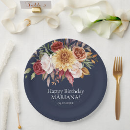 秋の葉の花ネイビーブルーバースデーパーティー ペーパープレート
