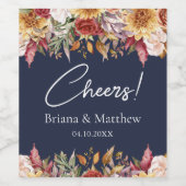 秋の葉の花ネイビーブルー結婚ズ ワインラベル (シングルラベル)