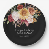 秋の葉の花ブラックバースデーパーティー ペーパープレート (正面)