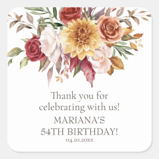 秋の葉の花ホワイトバースデーパーティーのお気に入り スクエアシール (正面)