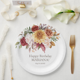 秋の葉の花ホワイトバースデーパーティー ペーパープレート