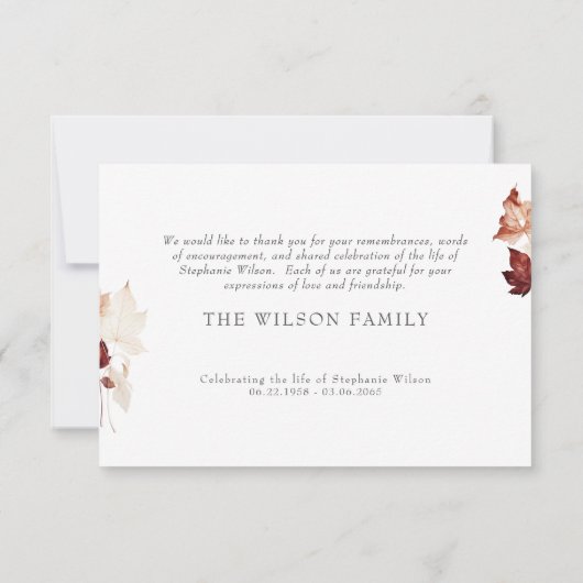 秋の葉の葬儀の忌引きありがとう サンキューカード (裏面)
