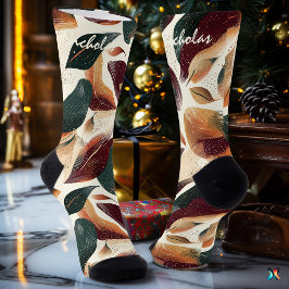 秋の葉の靴下のクリーム、バーガンディ、緑 ソックス