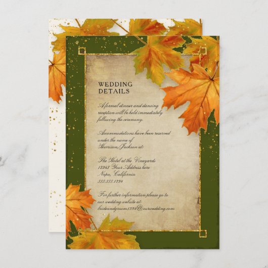 秋の葉オレンジグリーン素朴結婚ズ詳細 招待状 (正面/裏面)