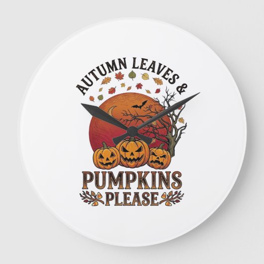 秋の葉カボチャハロウィンコウモリの木 ラージ壁時計 (正面)