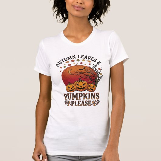 秋の葉カボチャハロウィンコウモリの木 Tシャツ (正面)