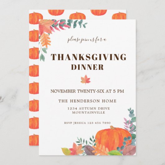 秋の葉カボチャ感謝祭ディナー 招待状 (正面/裏面)