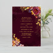 秋の葉カラフルフローラブルゴーニュ結婚金ゴールド 箔招待状 (立ち正面)