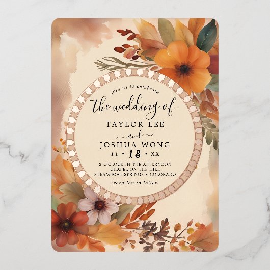 秋の葉ボホ素朴ウォーターカラーオレンジ色フローラ 箔招待状 (正面)