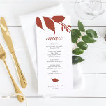 秋の葉焼けオレンジ色のメニューカード メニュー<br><div class="desc">このメ結婚ニューテンプレートはDo Tell A Belleの秋ラグジュアリー招待状コレクションの一部である。このデザインは燃えたオレンジ色の植物性紅葉を備えている。メニュカスタマイズーアイテム、名前、イベント日が含まれている。結婚式、秋のブライダルシャワー、リハーサルのディナーなど何でも最適。9月、10月、11月の素朴なお祝いのためのボホーの植物選択。このような他のデザインについては、www.zazzle.com/vginvitesを参照してください</div>