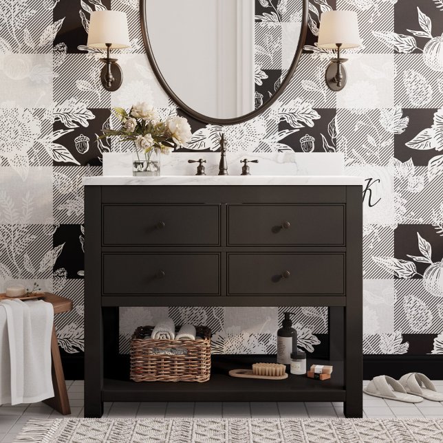 秋の葉秋の花とカボチャンスブラックプレイド 壁紙 (Fall Foliage Autumn Flowers & Pumpkins Black Plaid Wallpaper)