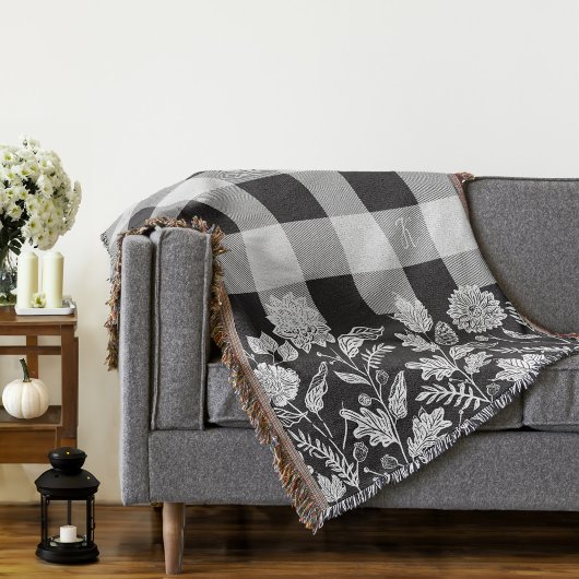 秋の葉秋の花と葉黒の格子縞 スローブランケット