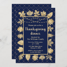 秋の葉金ゴールド感謝祭ディナーネイビー 招待状