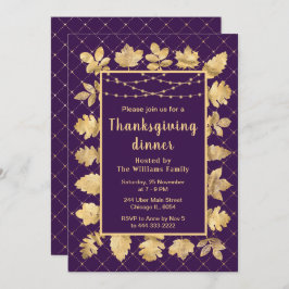 秋の葉金ゴールド感謝祭ディナーパープル 招待状