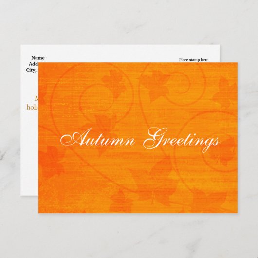 秋の葉 オレンジ色のグリーティングカード シーズンポストカード (正面/裏面)