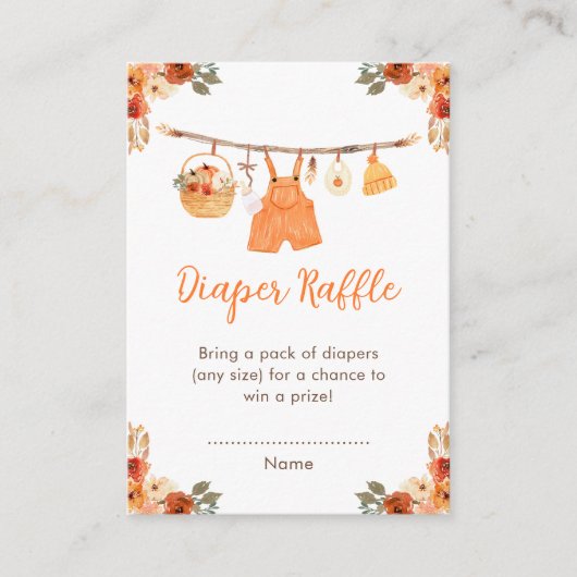 秋の衣料品ライン男の子の赤ちゃんシャワーおむつラッフル エンクロージャーカード (正面)