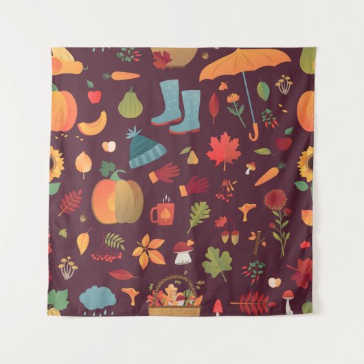 秋の要素、暗い背景、ヴィンテージ タペストリー (正面)