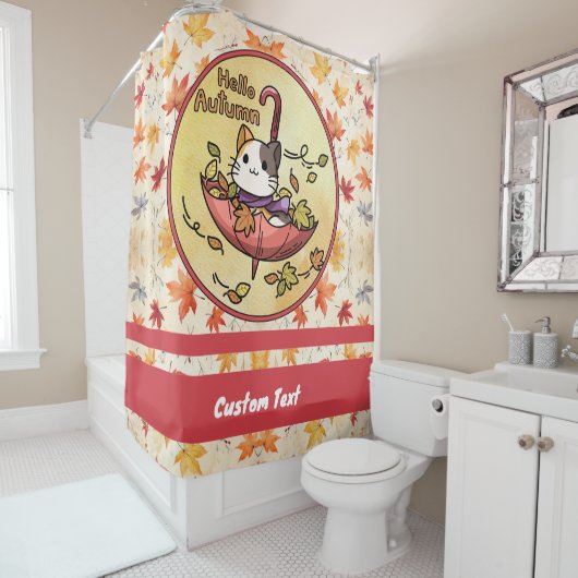 秋の訪ねでかわいい猫は傘に乗って シャワーカーテン (インサイチュ)