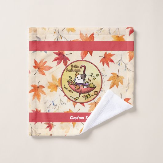 秋の訪ねでかわいい猫は傘に乗って バスタオルセット (ウォッシュタオル)