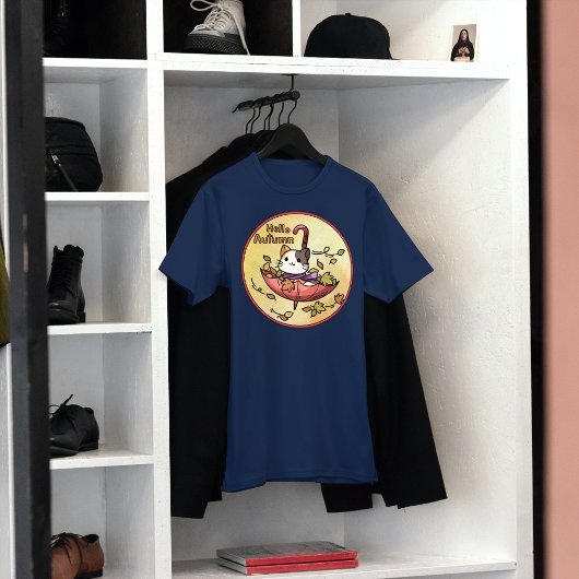 秋の訪ねでかわいい猫は傘に乗って Tシャツ