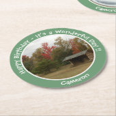 秋の誕生日パーティーのアイテムにリーンtoアディロンドック ラウンドペーパーコースター (アングル)