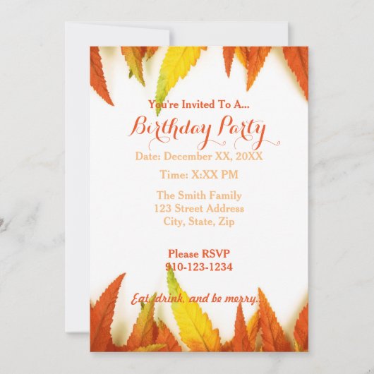 秋の誕生日パーティーの招待を作成 招待状 (正面)