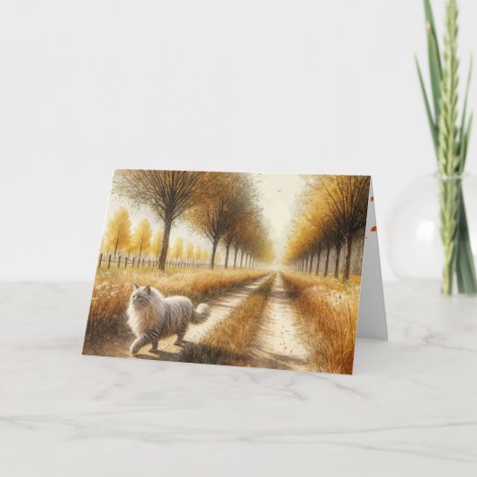 秋の誕生日猫歩くダウンダートロード カード (正面)